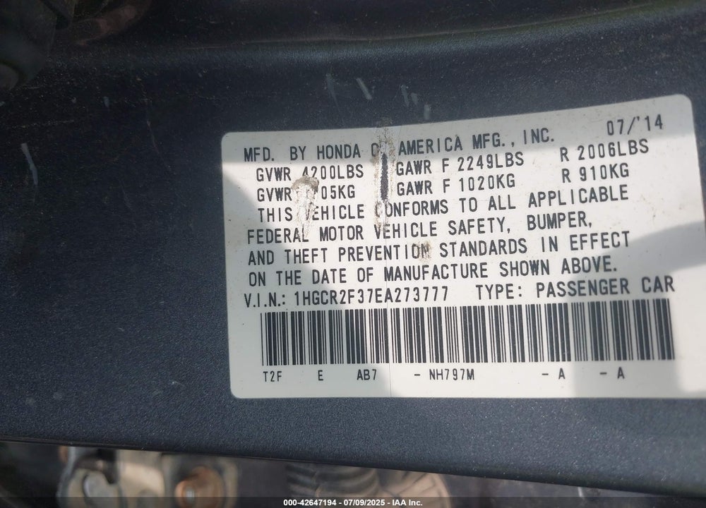 2014 HONDA ACCORD VIN: 1HGCR2F37EA273777