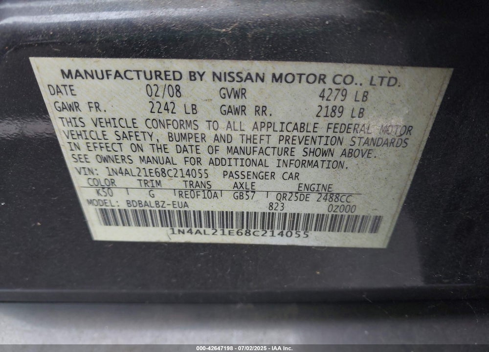 2008 NISSAN ALTIMA VIN: 1N4AL21E68C214055