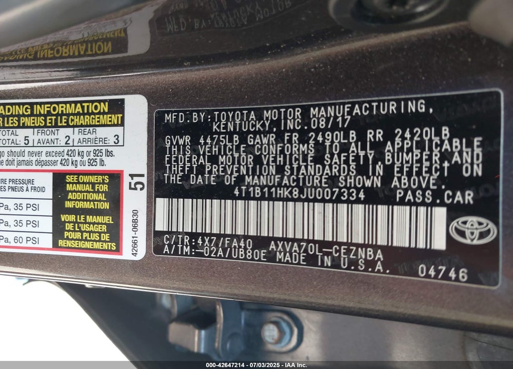 2018 TOYOTA CAMRY VIN: 4T1B11HK8JU007334