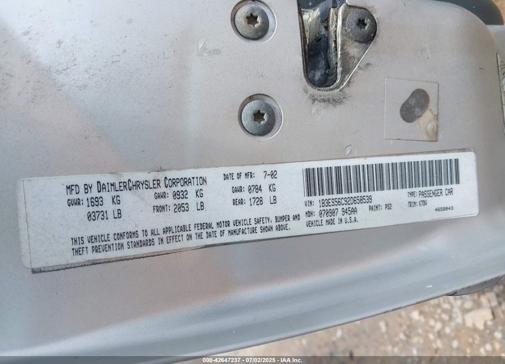 2002 DODGE NEON VIN: 1B3ES56C92D658539