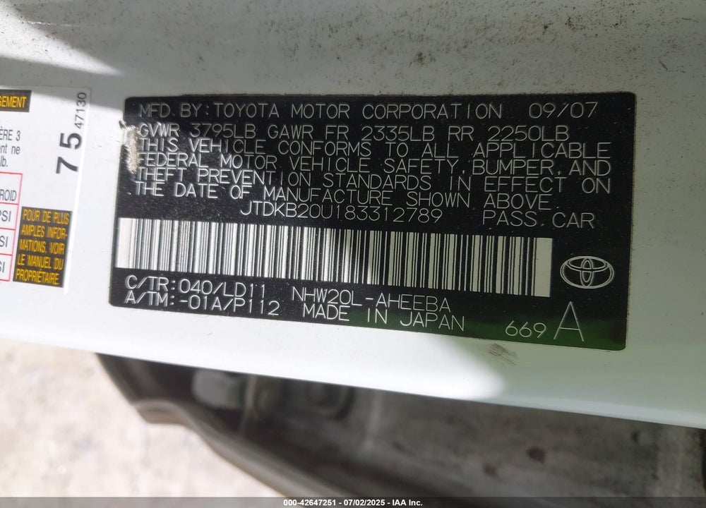 2008 TOYOTA PRIUS VIN: JTDKB20U183312789
