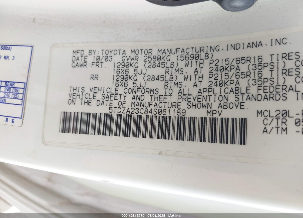 2004 TOYOTA SIENNA LE VIN: 5TDZA23C84S081189