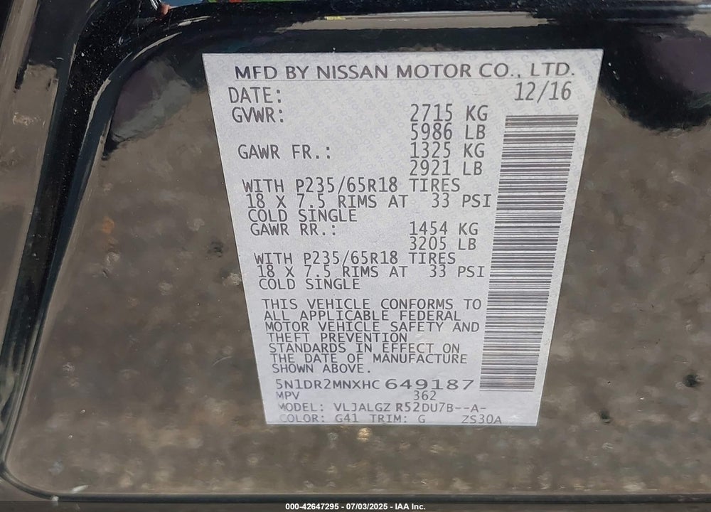 2017 NISSAN PATHFINDER SL VIN: 5N1DR2MNXHC649187
