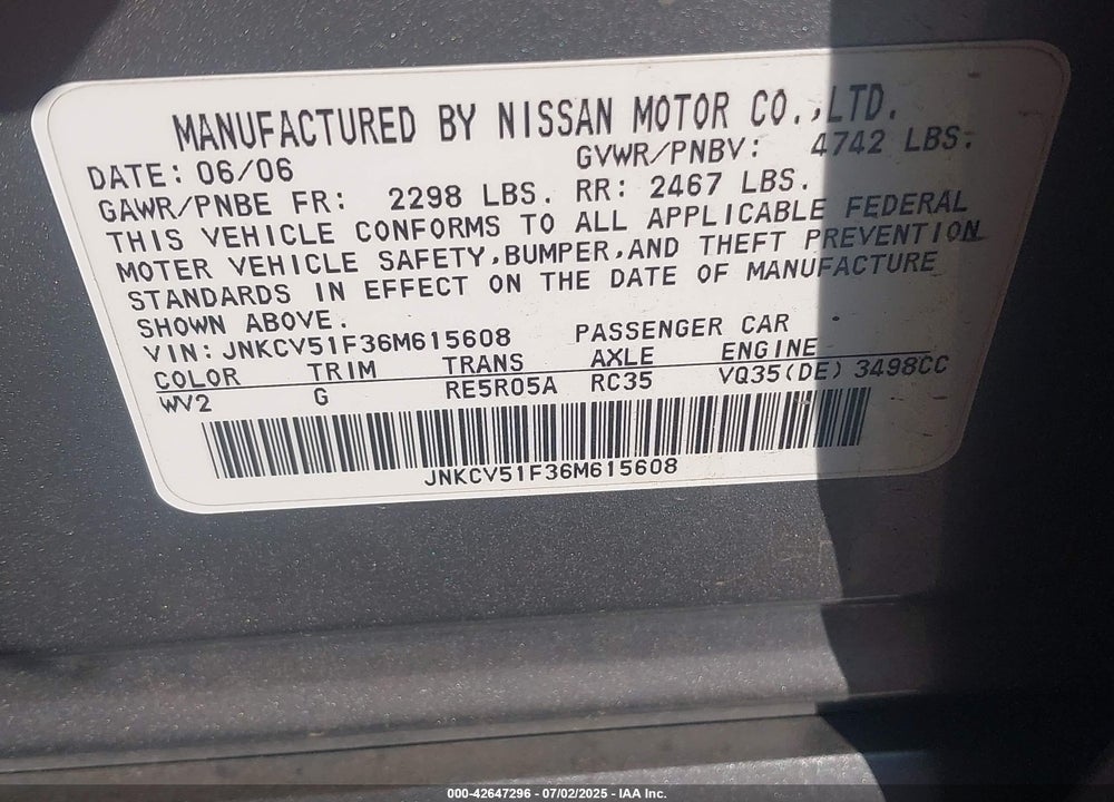 2006 INFINITI G35X VIN: JNKCV51F36M615608