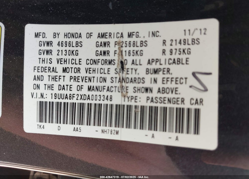 2013 ACURA TL VIN: 19UUA8F2XDA003348