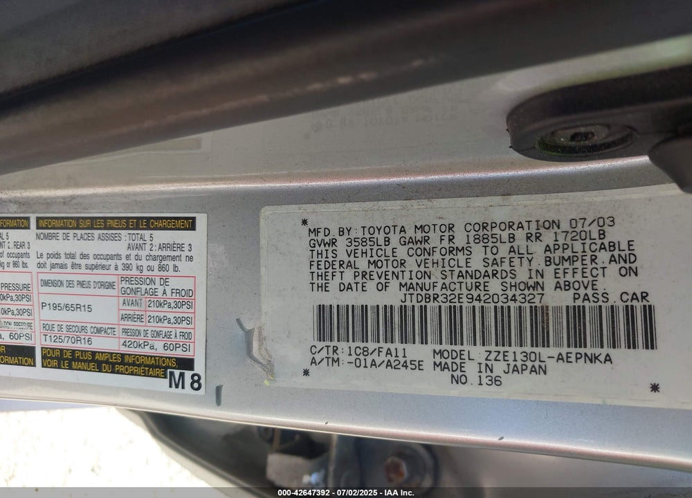 2004 TOYOTA COROLLA LE VIN: JTDBR32E942034327