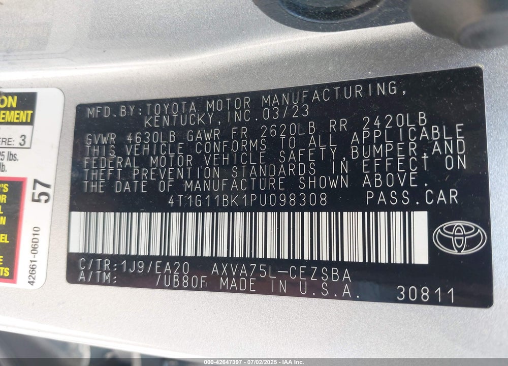 2023 TOYOTA CAMRY SE AWD VIN: 4T1G11BK1PU098308