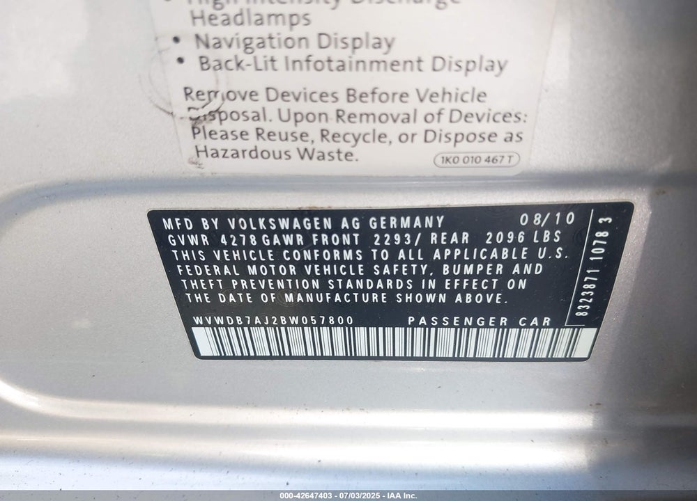 2011 VOLKSWAGEN GOLF VIN: WVWDB7AJ2BW057800