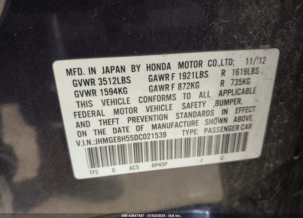 2013 HONDA FIT VIN: JHMGE8H55DC021539