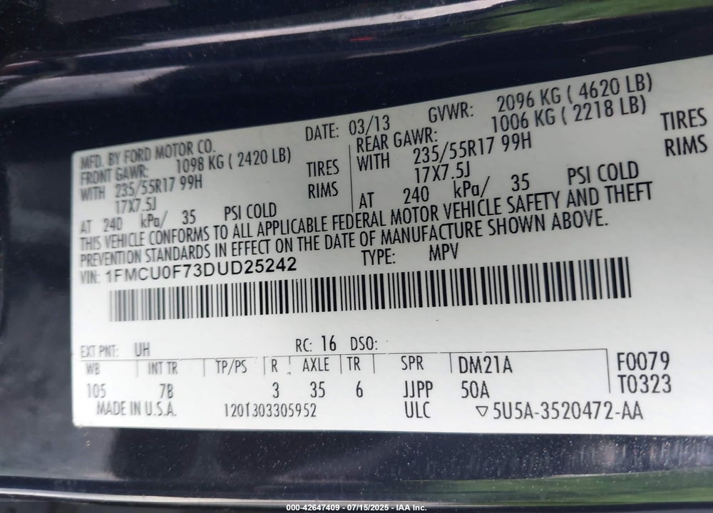 2013 FORD ESCAPE VIN: 1FMCU0F73DUD25242