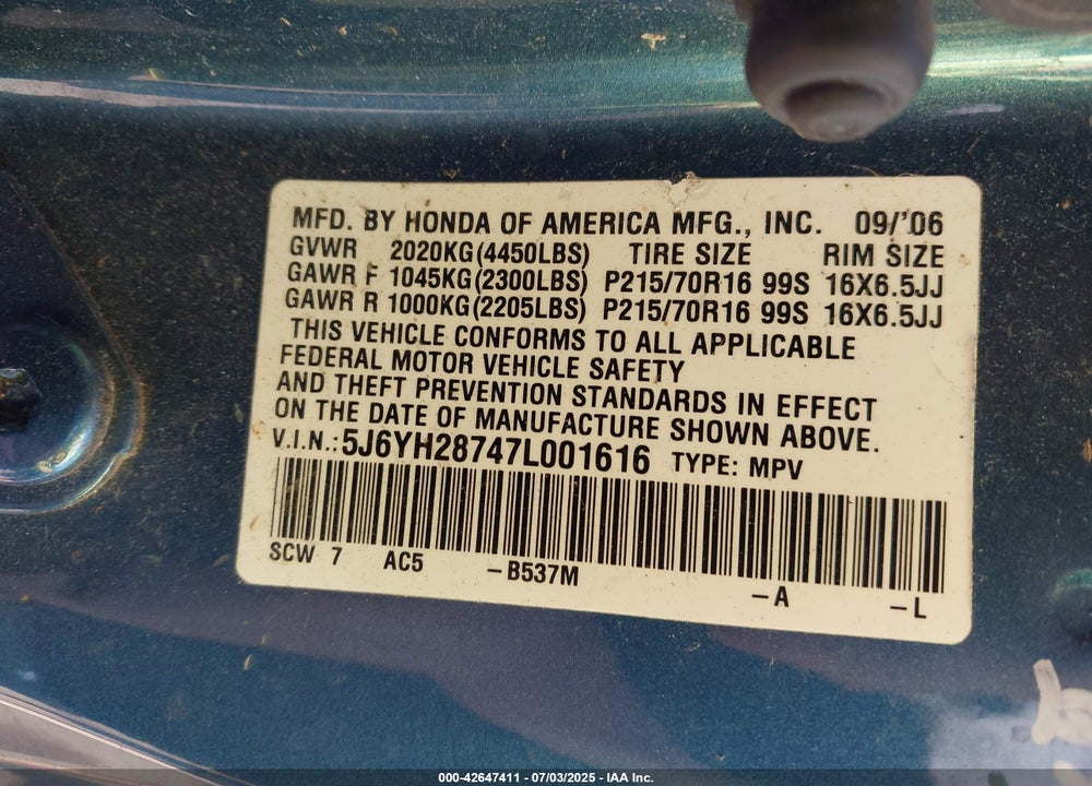 2007 HONDA ELEMENT VIN: 5J6YH28747L001616