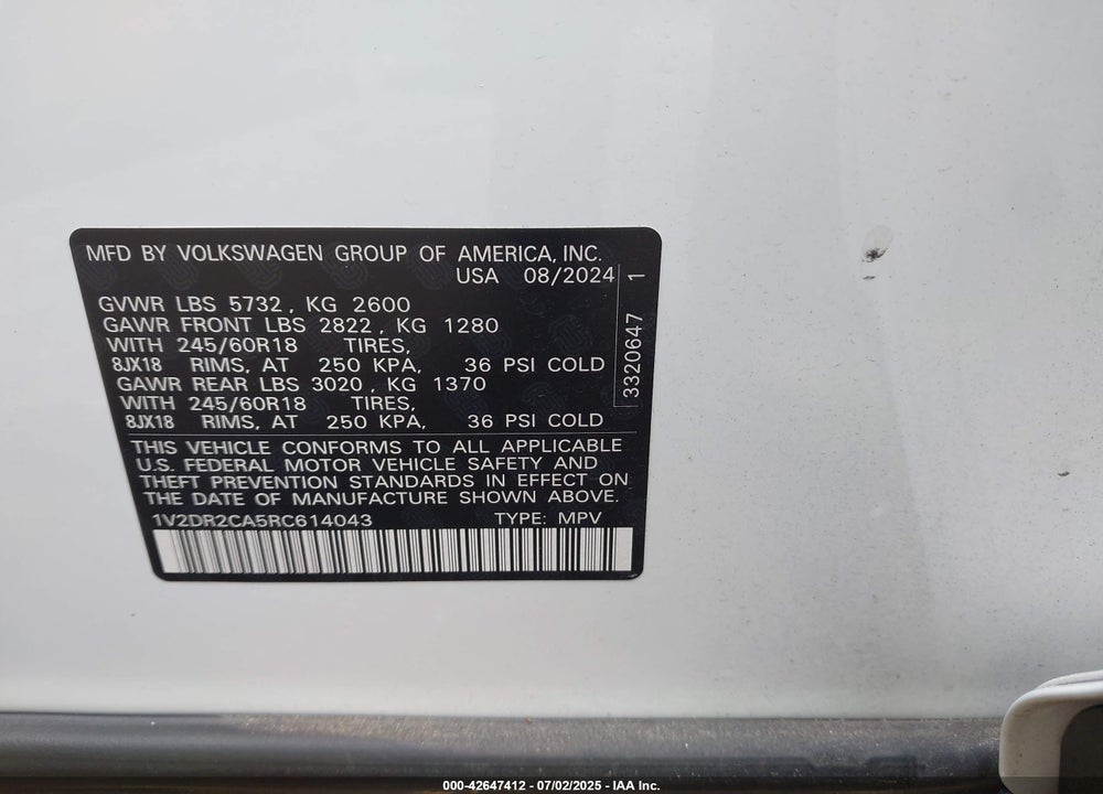 2024 VOLKSWAGEN ATLAS VIN: 1V2DR2CA5RC614043