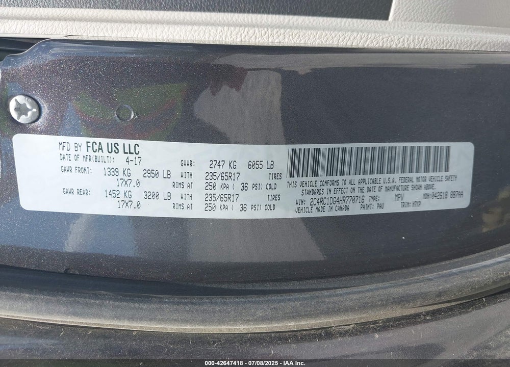 2017 CHRYSLER PACIFICA TOURING VIN: 2C4RC1DG4HR770716