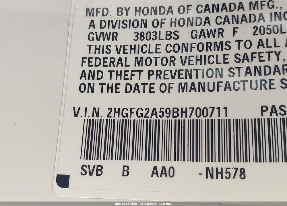 2011 HONDA CIVIC SI VIN: 2HGFG2A59BH700711