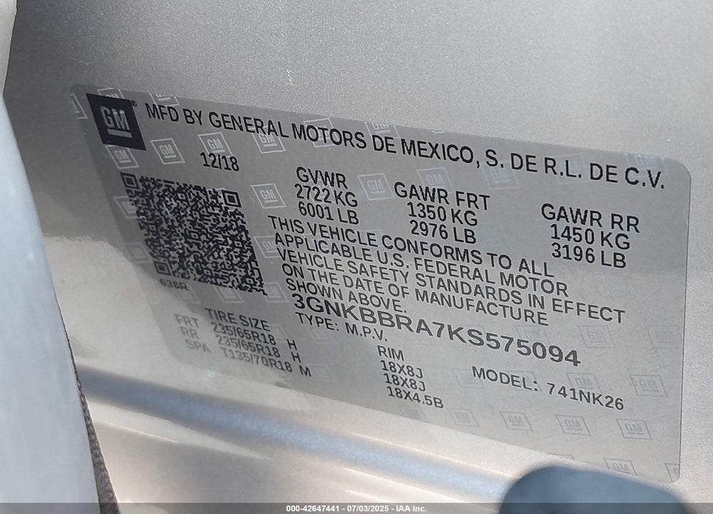 2019 CHEVROLET BLAZER VIN: 3GNKBBRA7KS575094