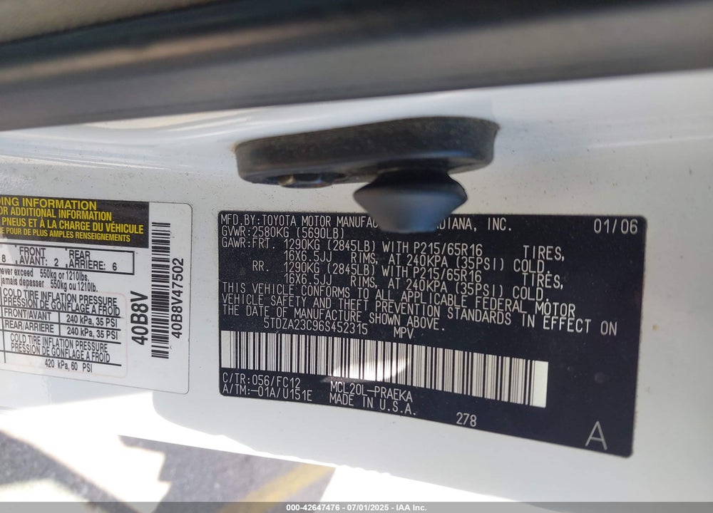 2006 TOYOTA SIENNA LE VIN: 5TDZA23C96S452315