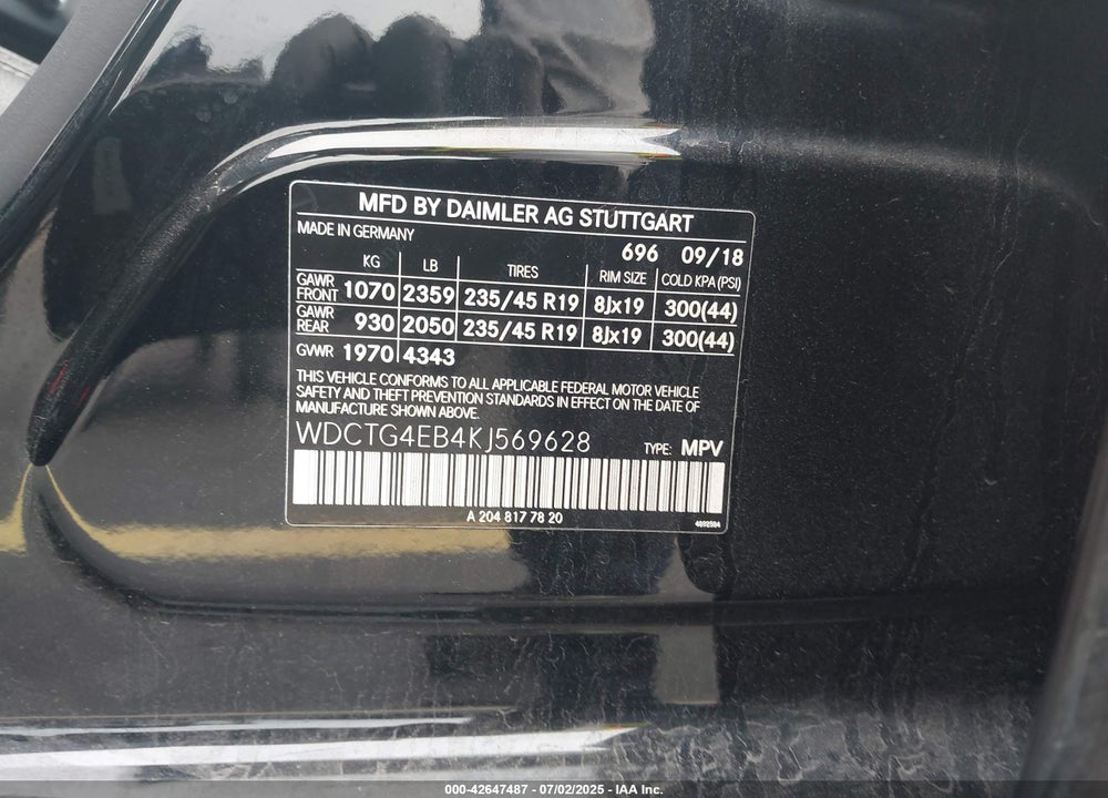 2019 MERCEDES-BENZ GLA-CLASS VIN: WDCTG4EB4KJ569628