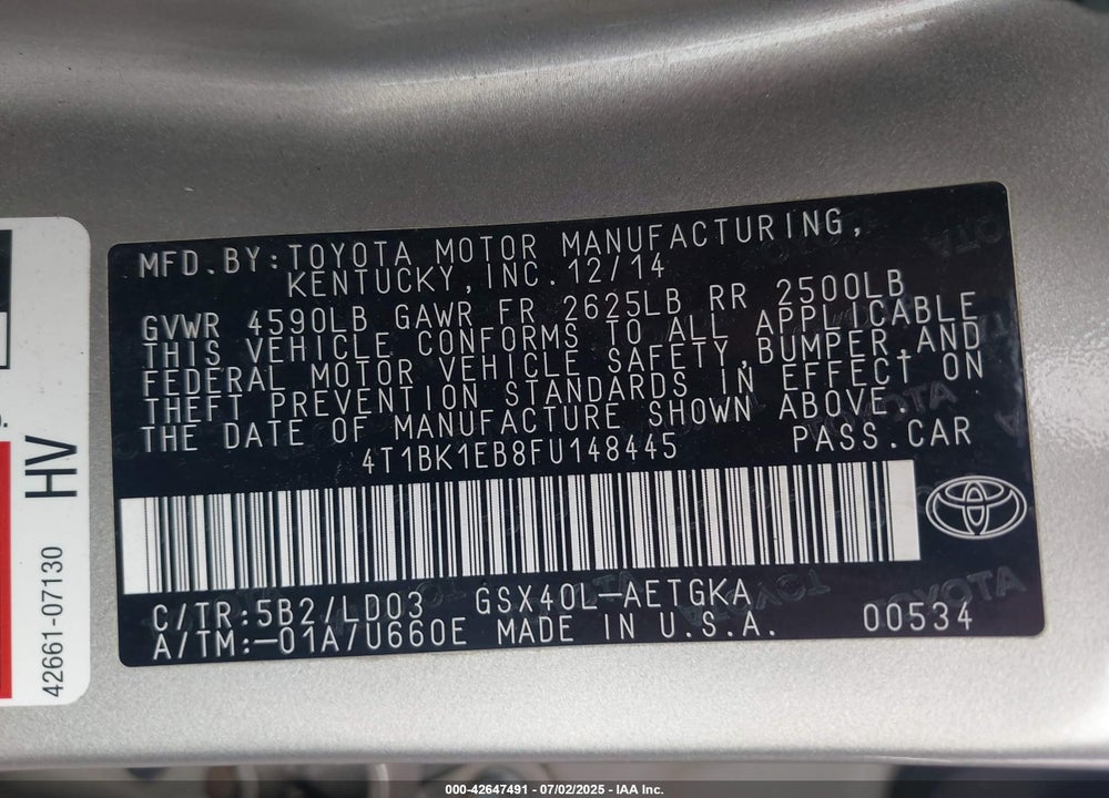 2015 TOYOTA AVALON VIN: 4T1BK1EB8FU148445