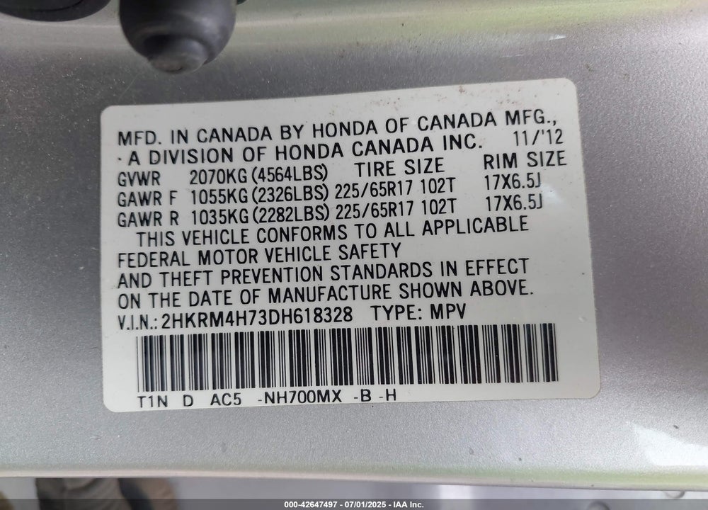 2013 HONDA CR-V VIN: 2HKRM4H73DH618328