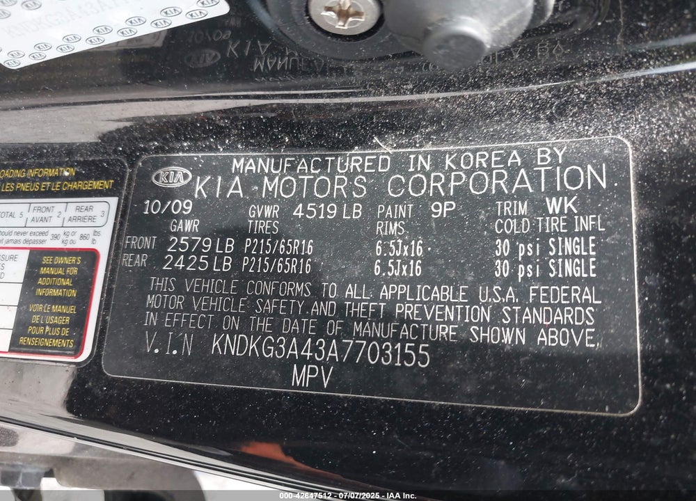 2010 KIA SPORTAGE VIN: KNDKG3A43A7703155