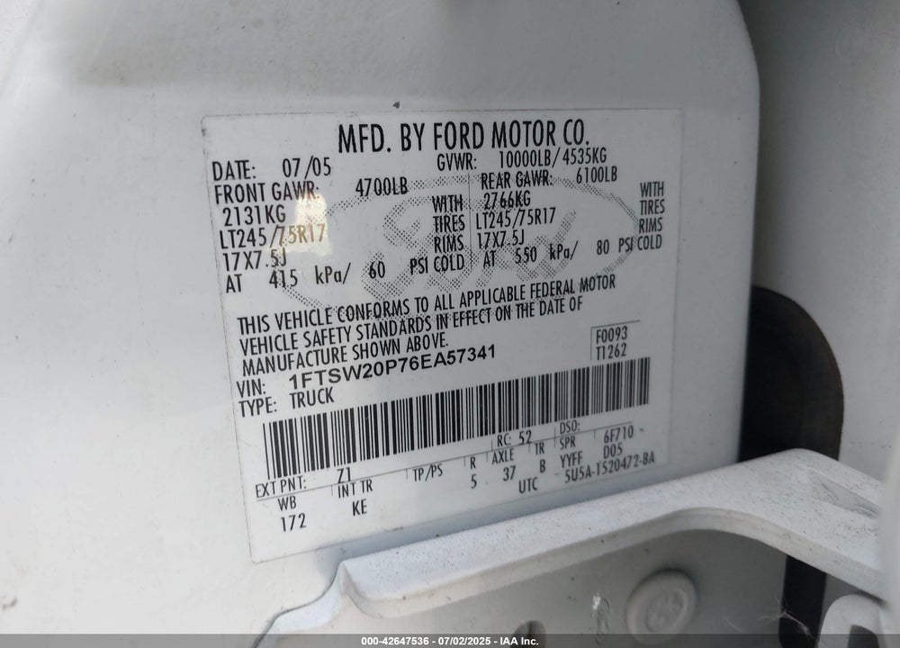 2006 FORD F-250 VIN: 1FTSW20P76EA57341