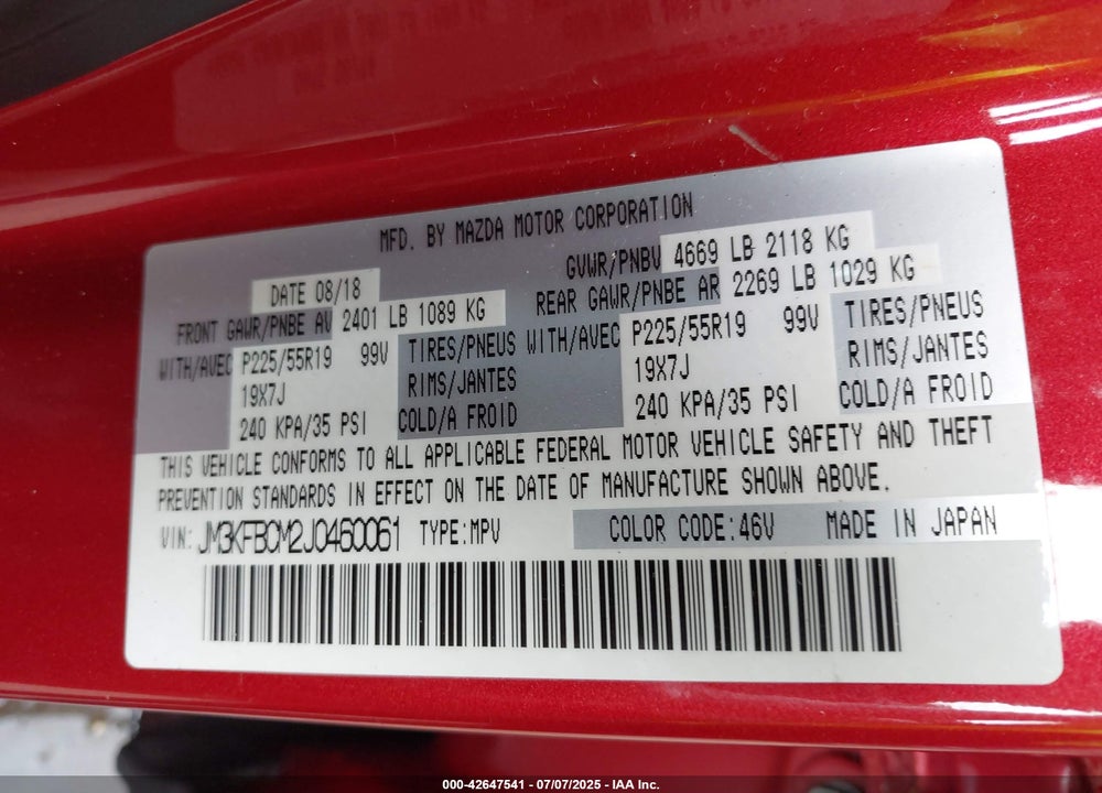 2018 MAZDA CX-5 VIN: JM3KFBCM2J0460061