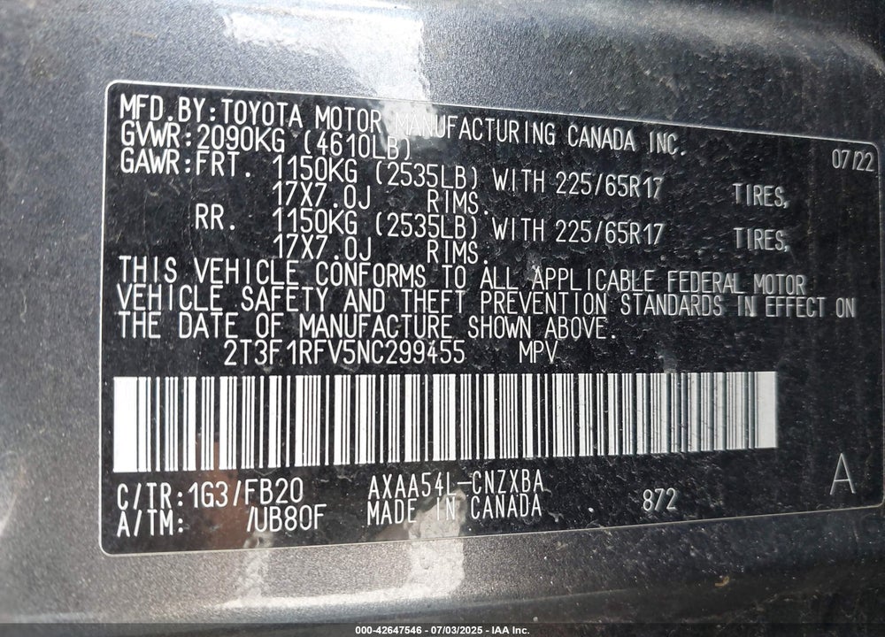 2022 TOYOTA RAV4 VIN: 2T3F1RFV5NC299455