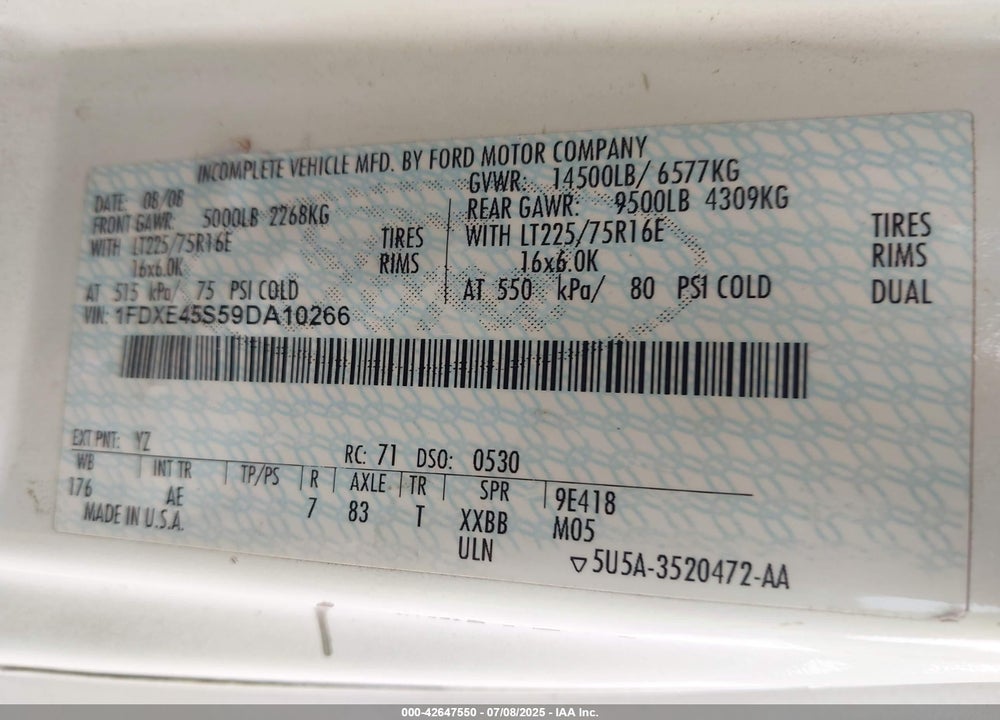 2009 FORD E-450 CUTAWAY VIN: 1FDXE45S59DA10266