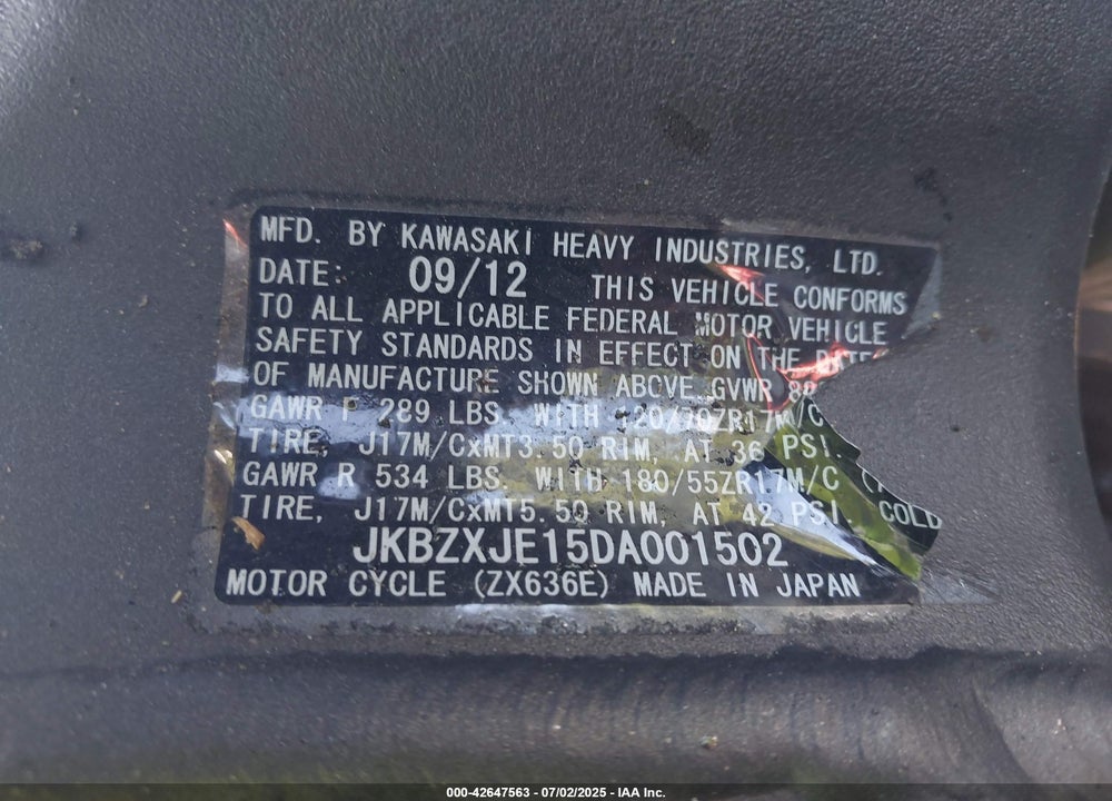 2013 KAWASAKI ZX636 E VIN: JKBZXJE15DA001502