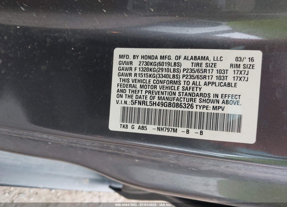 2016 HONDA ODYSSEY EX VIN: 5FNRL5H49GB086326