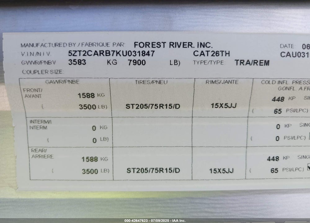 2019 FOREST RIVER CATALINA VIN: 5ZT2CARB7KU031847