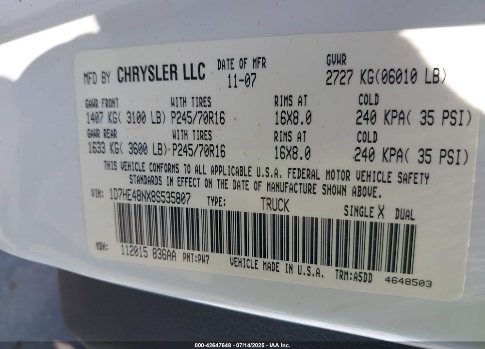 2008 DODGE DAKOTA VIN: 1D7HE48NX8S535807