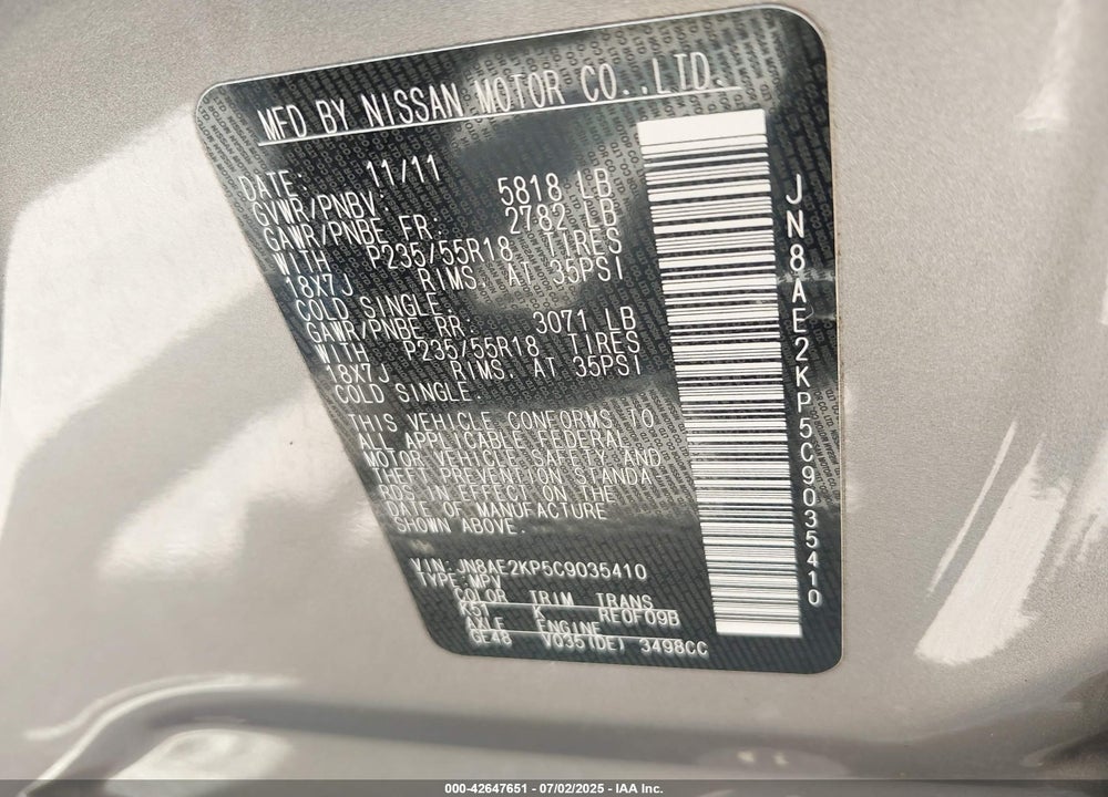 2012 NISSAN QUEST LE VIN: JN8AE2KP5C9035410