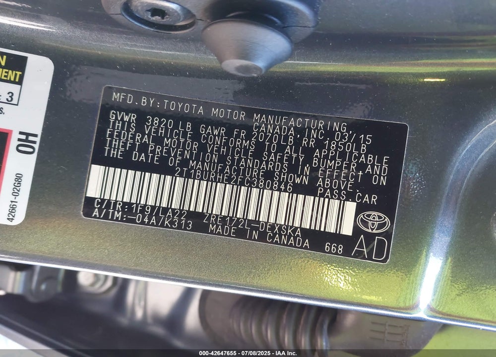 2015 TOYOTA COROLLA S PREMIUM VIN: 2T1BURHE2FC380846