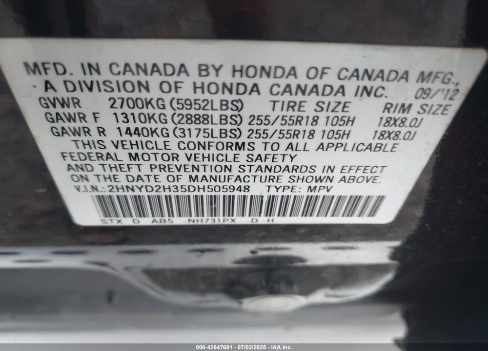 2013 ACURA MDX TECHNOLOGY PACKAGE VIN: 2HNYD2H35DH505948