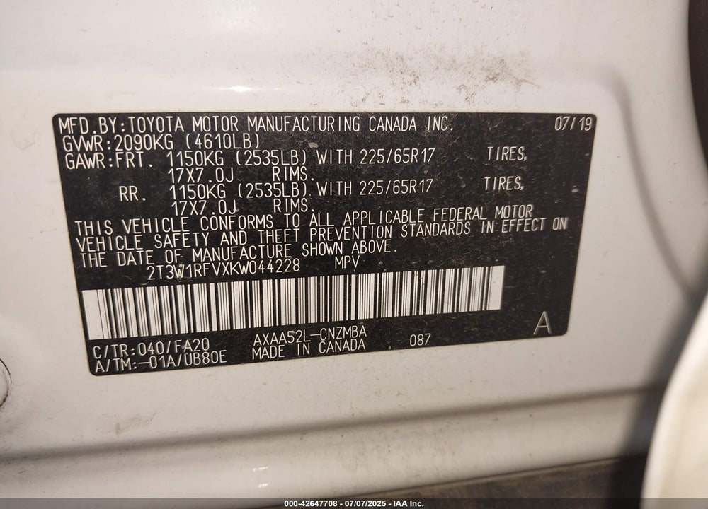 2019 TOYOTA RAV4 VIN: 2T3W1RFVXKW044228
