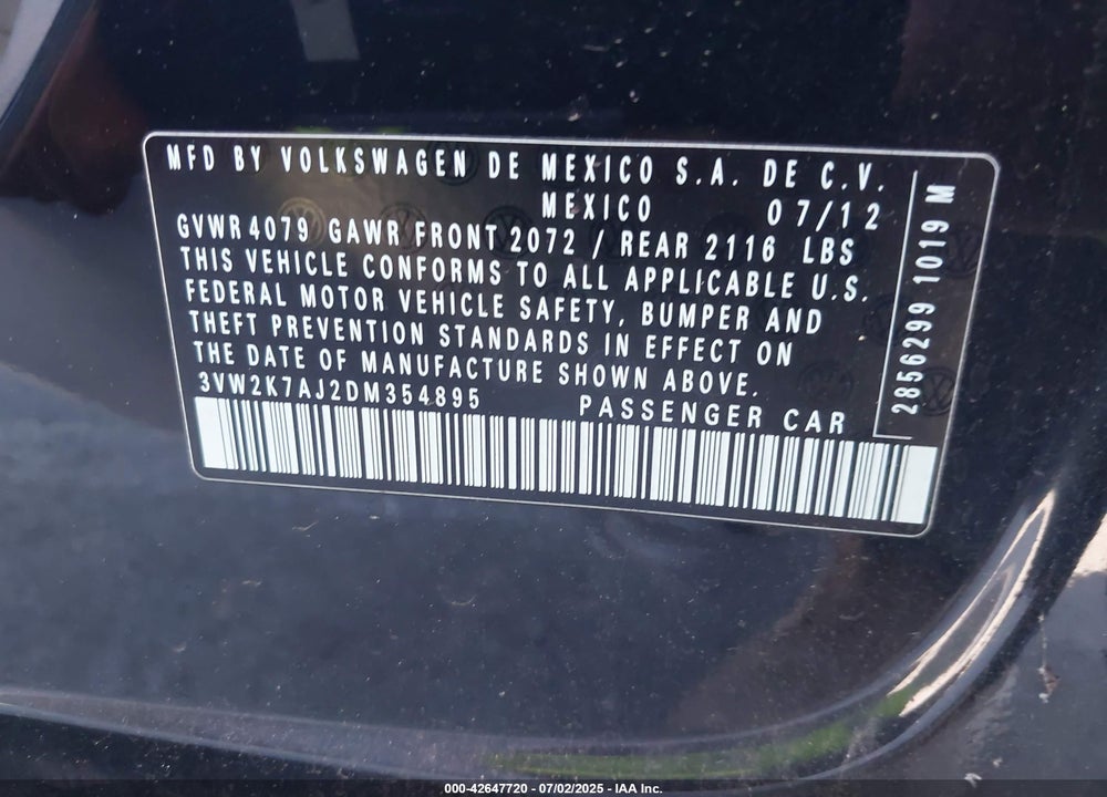 2013 VOLKSWAGEN JETTA 2.0L S VIN: 3VW2K7AJ2DM354895