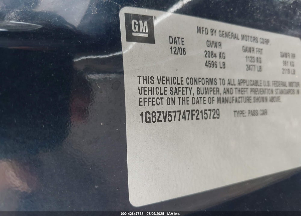 2007 SATURN AURA XR VIN: 1G8ZV57747F215729