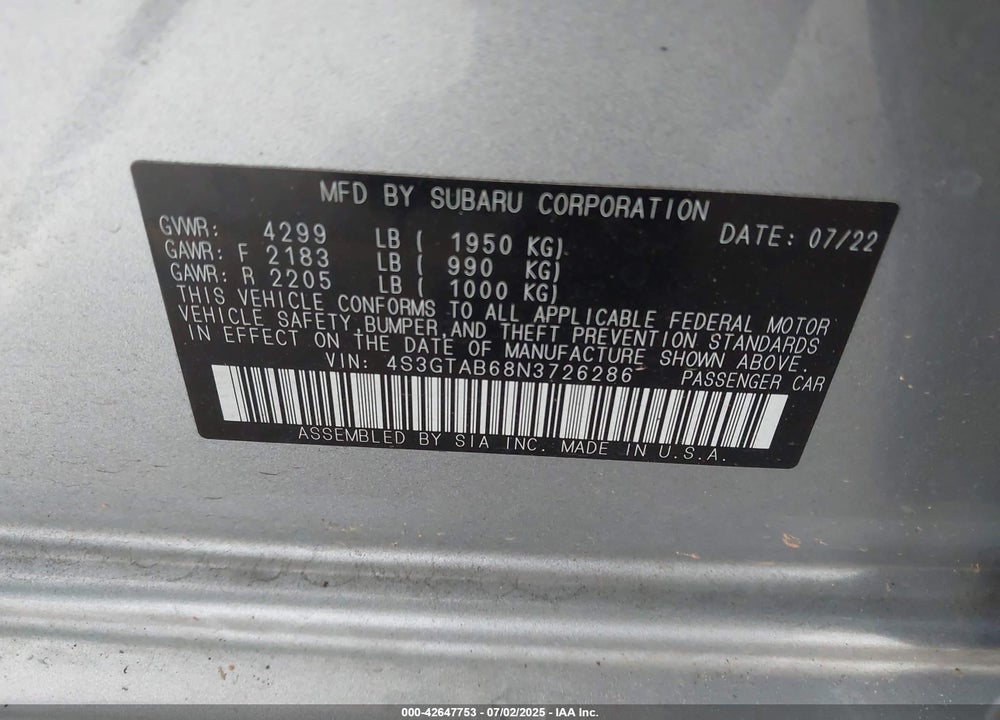 2022 SUBARU IMPREZA VIN: 4S3GTAB68N3726286
