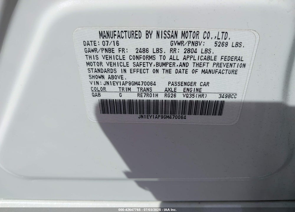 2016 INFINITI Q70H VIN: JN1EY1AP9GM470064