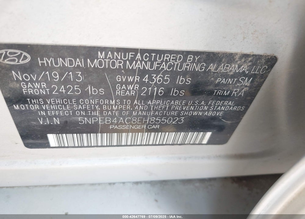 2014 HYUNDAI SONATA GLS VIN: 5NPEB4AC8EH855023