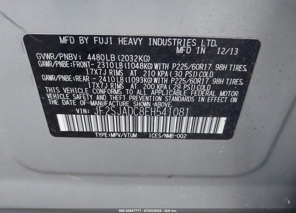 2014 SUBARU FORESTER VIN: JF2SJADC8EH541081