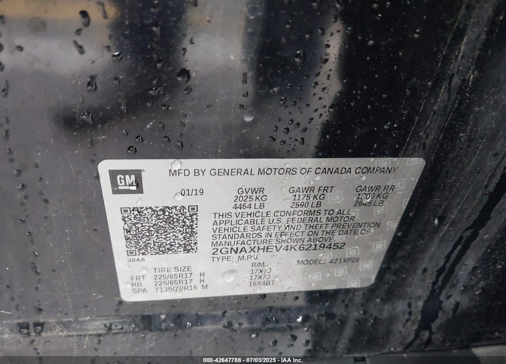 2019 CHEVROLET EQUINOX VIN: 2GNAXHEV4K6219452