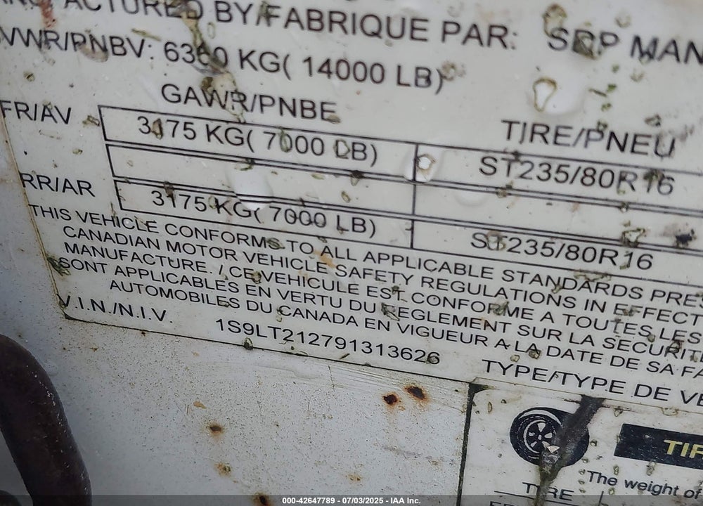 2009 TRAILER SDP VIN: 1S9LT212791313626