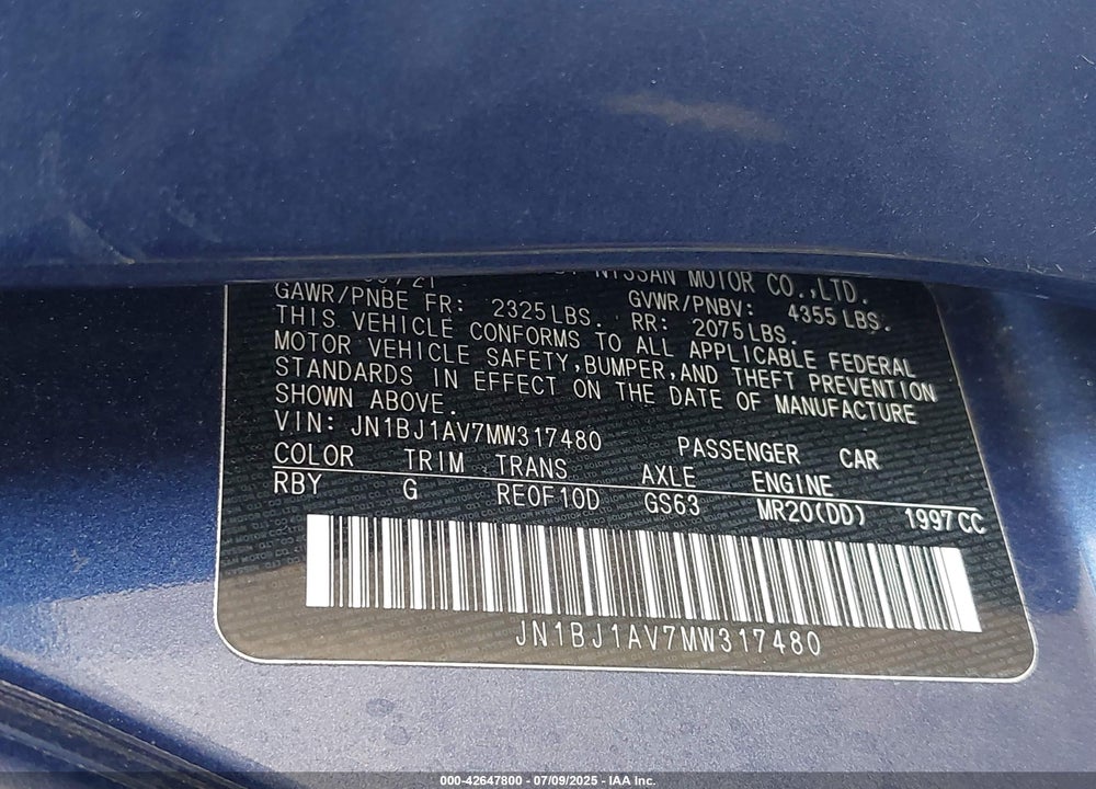 2021 NISSAN ROGUE SPORT VIN: JN1BJ1AV7MW317480