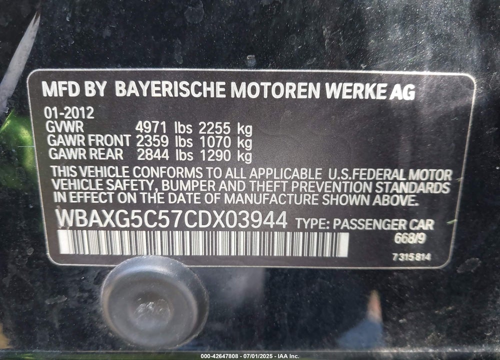 2012 BMW 528I VIN: WBAXG5C57CDX03944