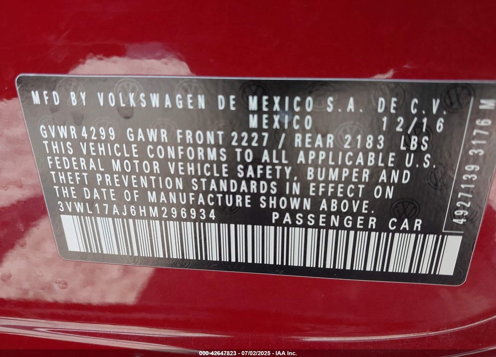 2017 VOLKSWAGEN JETTA VIN: 3VWL17AJ6HM296934