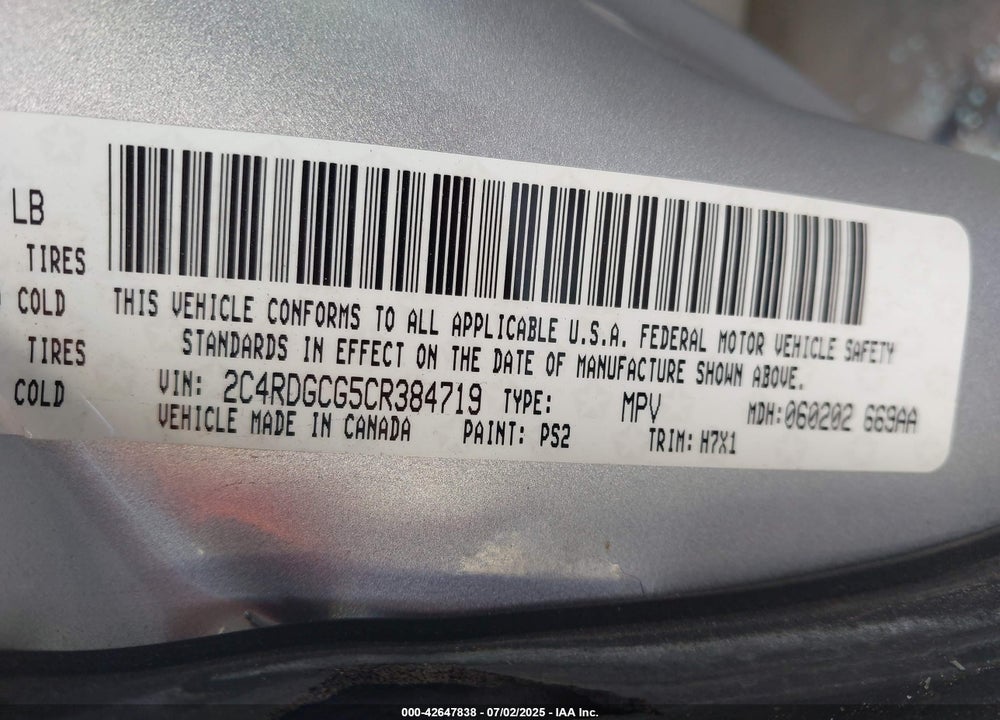 2012 DODGE GRAND CARAVAN VIN: 2C4RDGCG5CR384719