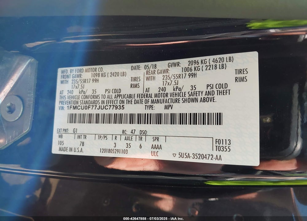 2018 FORD ESCAPE S VIN: 1FMCU0F77JUC77935