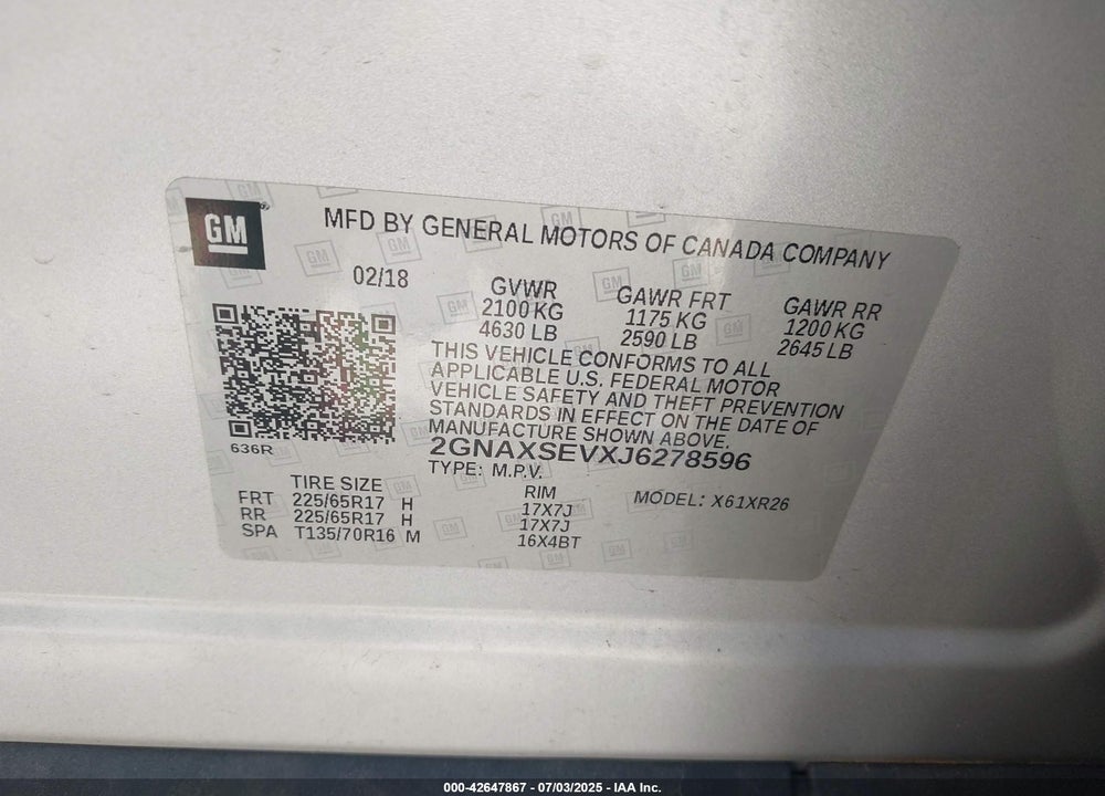 2018 CHEVROLET EQUINOX VIN: 2GNAXSEVXJ6278596